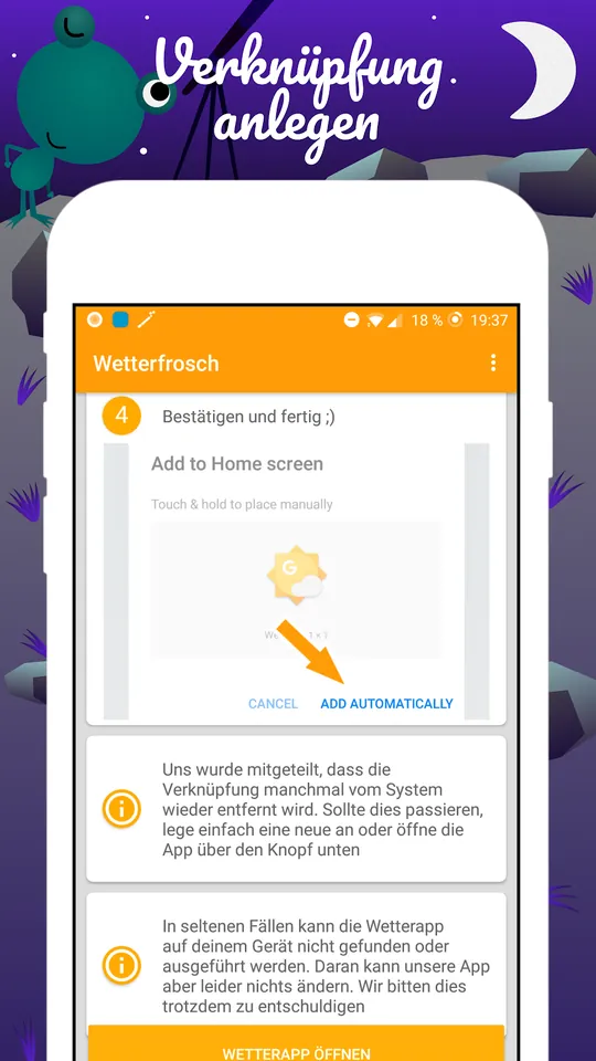 Wetter Frosch Verknüpfung: Verknüpfung auf dem Startbildschirm anlegen